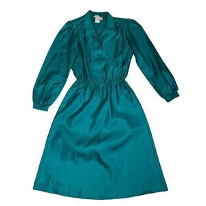 Vtg Monica Richards dress women's M green teal satin poly long sleeve